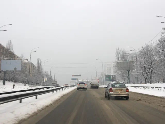 The image shows a car driving down a snowy road with snow on the ground. On either side of the...