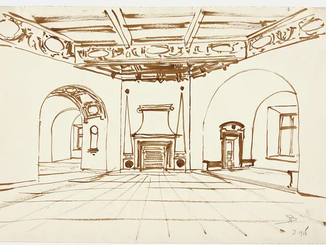 The image shows a drawing of a room with a fireplace, arches, windows, and a roof. The room is...