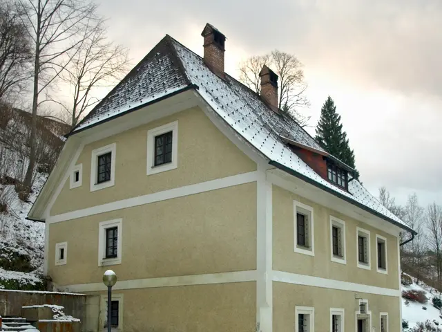 The image shows a yellow house with a roof and windows, a street pole, a group of trees, some...