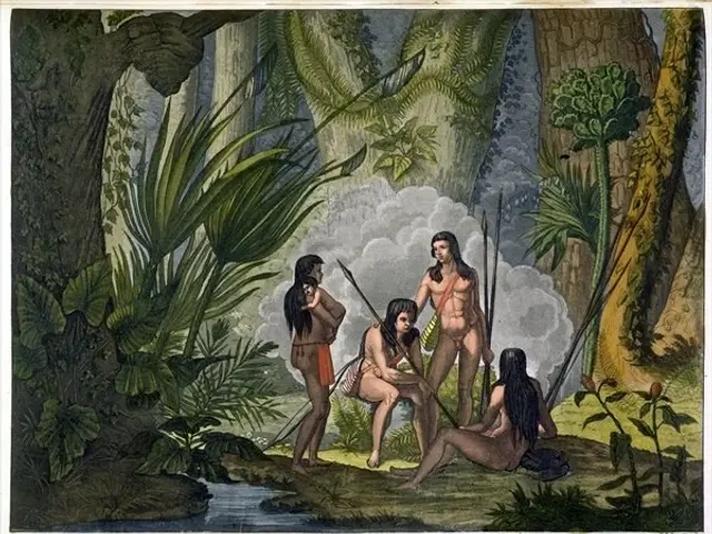 The image shows a painting of a group of people in the jungle, with trees, plants, and water in the...