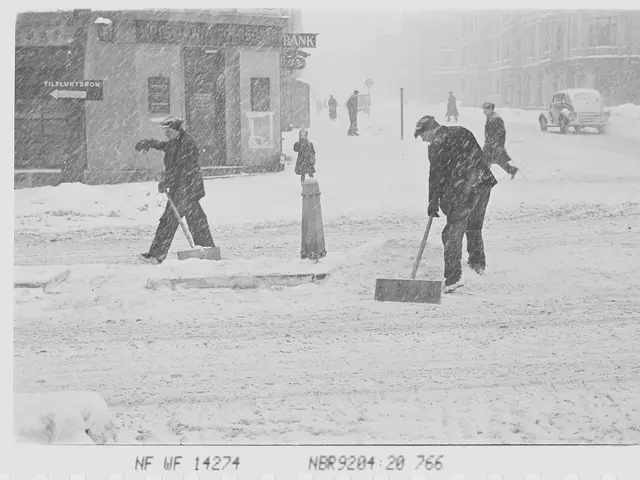 The image shows a black and white photo of people shoveling snow on a city street. In the...