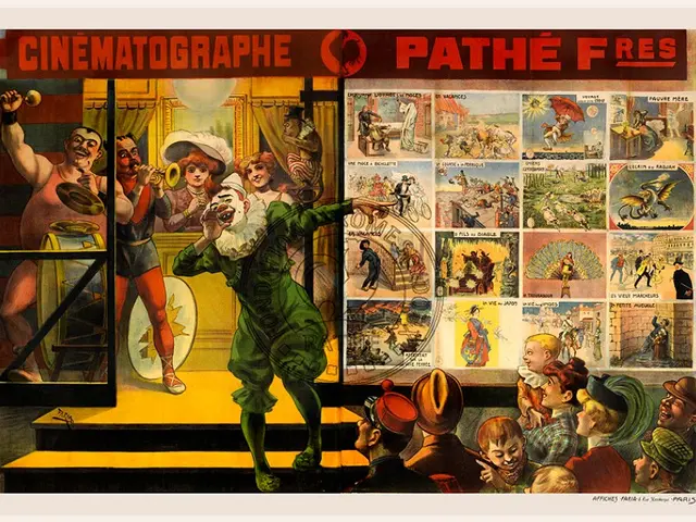 The image shows a poster advertising a movie theater in Paris, France. It features a group of...