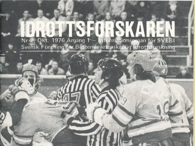 The image shows a black and white photo of a group of people wearing helmets and ice skates,...