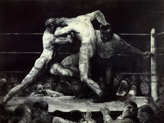 The image shows a black and white drawing of two boxers in a boxing ring, surrounded by a crowd of...