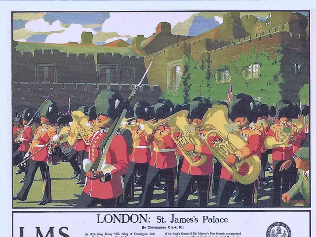 The image shows a poster of a band playing musical instruments in front of St. James's Palace in...