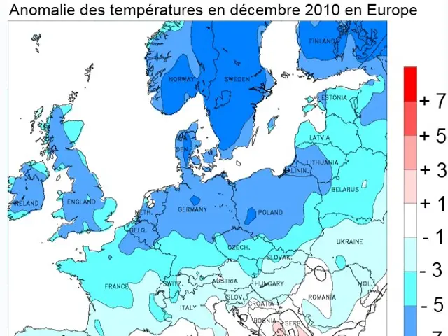 The image shows a map of Europe with different colors indicating the average temperature in...