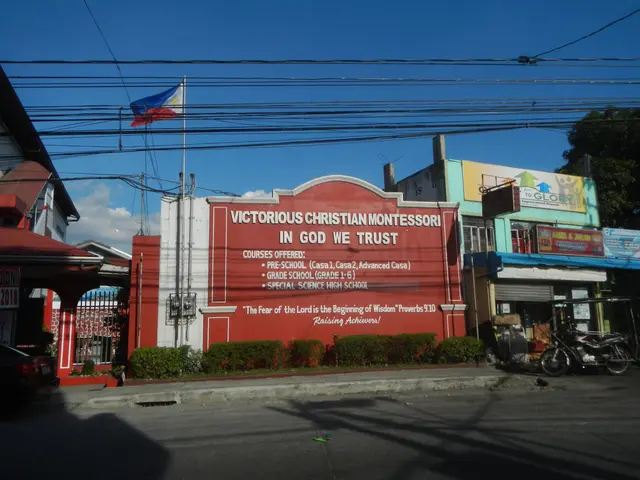 The image shows a victorious Christian Montessori in God We Trust, with buildings, motorbikes,...