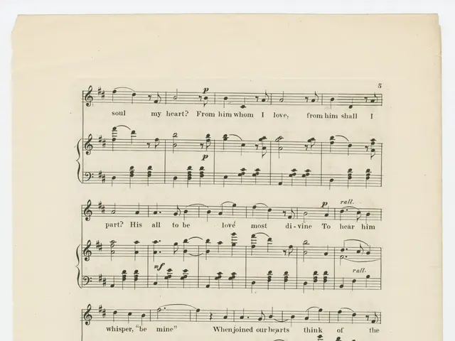 The image shows an old sheet of music with a variety of colors at the bottom. The paper is filled...