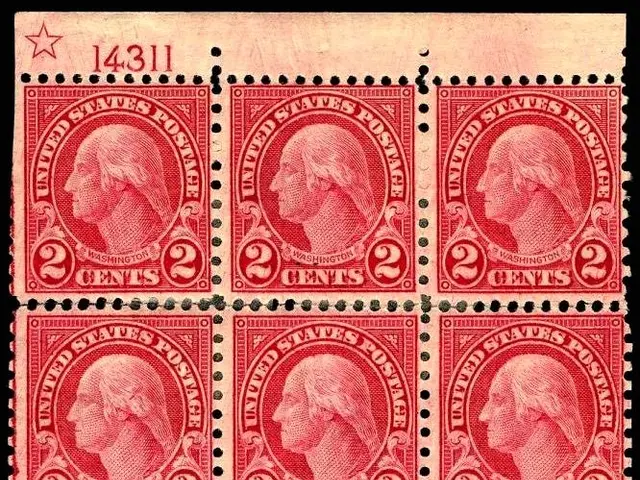 The image shows a stamp with a portrait of George Washington on it, set against a black background....