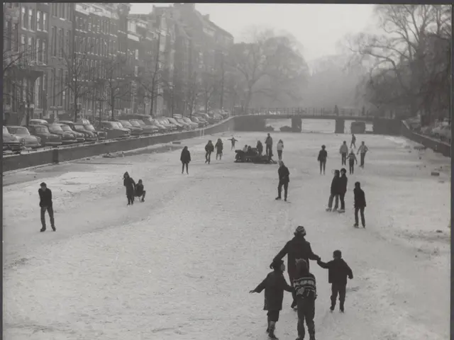 The image shows a group of people skating on a frozen lake in the snow, surrounded by trees,...