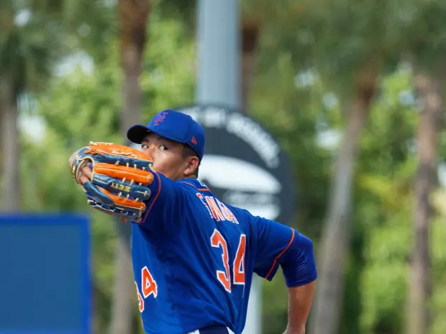 The image shows a baseball player wearing a blue t-shirt, white pants, a blue cap, and a baseball...