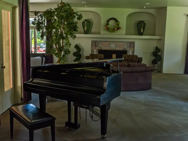 The image shows a living room with a grand piano in the center, surrounded by a bench, houseplants,...