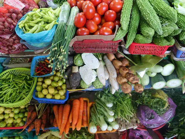 The image shows a market stall filled with a variety of vegetables, including tomatoes, capsicum,...