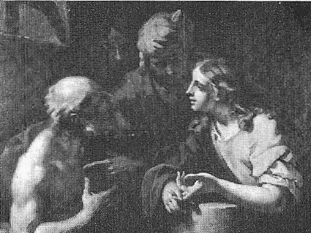 The image shows a black and white photo of a man and woman sitting at a table, with the man holding...