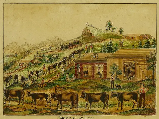 The image shows a painting of a farm scene with cows grazing in the foreground, surrounded by...