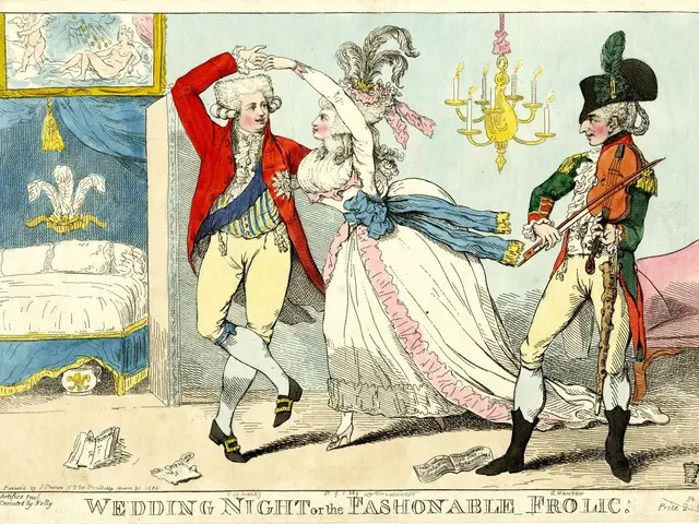 The image shows a cartoon of a man and woman dancing at a wedding night, illuminated by a...