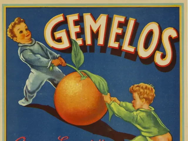 The image shows a poster with two children holding an orange, with the words "Gemelos Antonio...