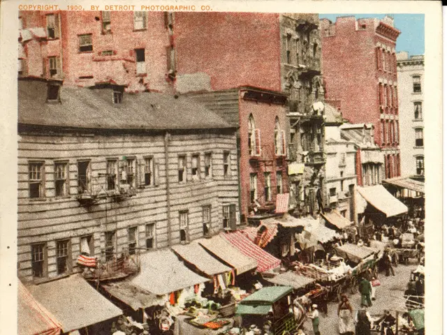 The image shows an old photo of a bustling New Jewish market on the East Side of New York. There...