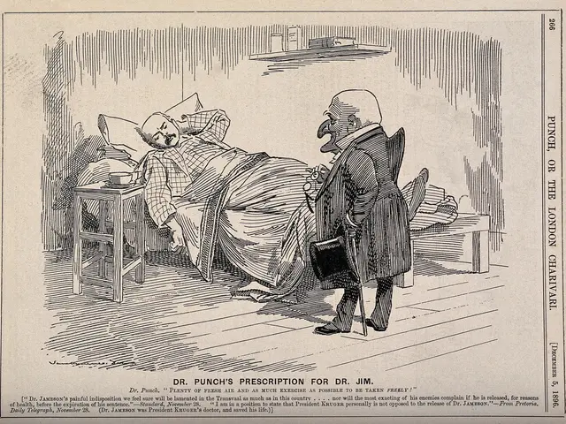 The image shows a cartoon of a man in a hospital bed with a woman standing next to him. The man is...