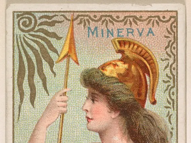 The image shows a woman with a human face, holding an arrow in one hand and a shield in the other,...