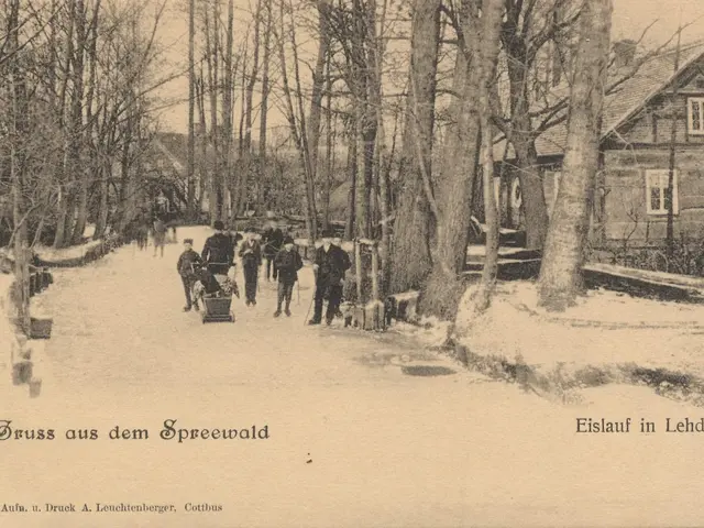 The image shows an old black and white photo of people walking down a snowy street in...