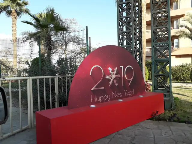 The image shows a red sign that reads "Happy New Year 2019" in front of a building, surrounded by a...