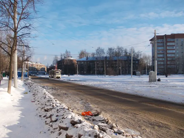 The image shows a city street with snow on the ground and buildings in the background. There are...