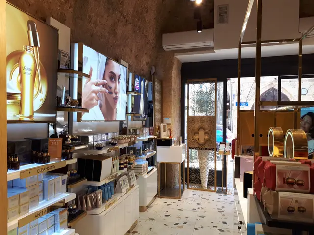 The image shows the inside of a store filled with lots of different types of cosmetics, including...