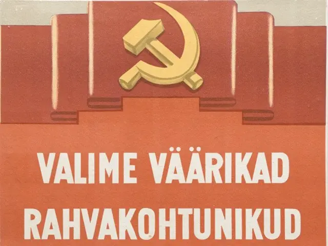 The image shows a Soviet propaganda poster with a hammer and sickle on it. The poster has text...