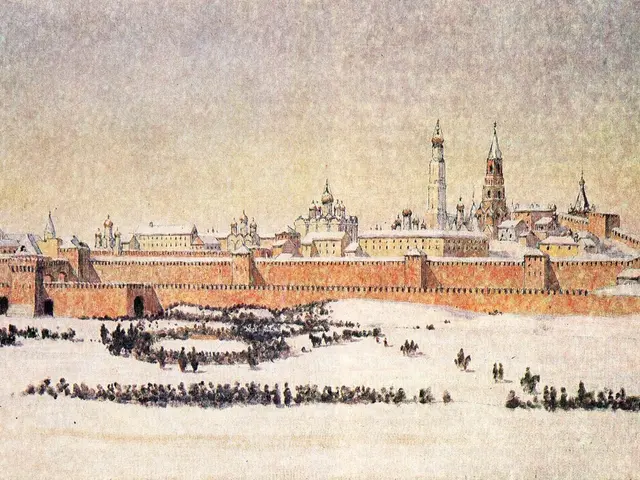 The image shows a painting of the Moscow Kremlin in the snow, with a few buildings in the...