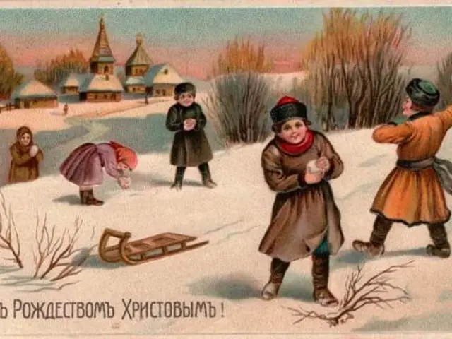 The image shows a group of children playing in the snow with a sled, surrounded by plants, trees,...