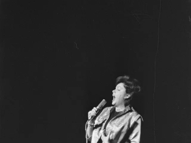 The image shows a woman standing on a stage, illuminated by a spotlight, singing into a microphone....
