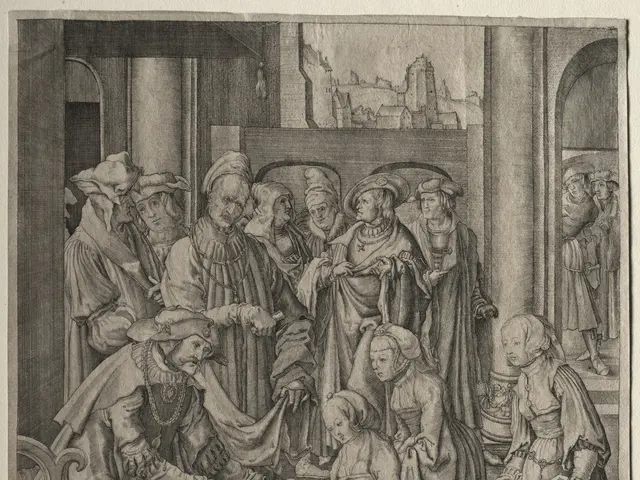 The image shows a black and white engraving of a group of people in a room, with a photo frame...