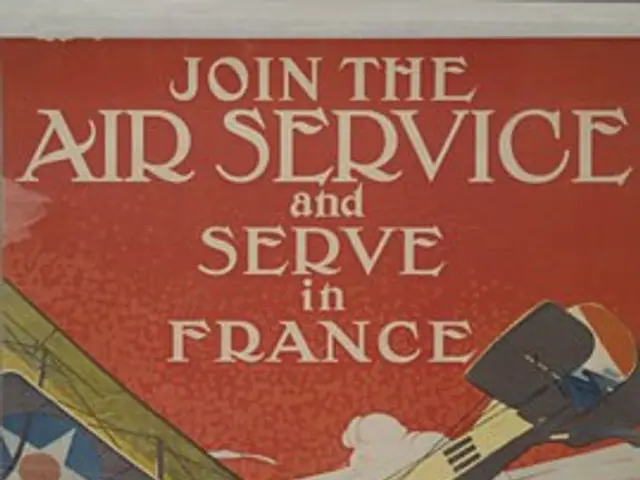 The image shows a poster with the words "Join the Air Service and Serve in France" written in bold,...