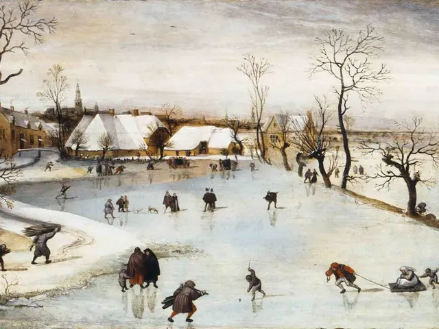 The image shows a winter landscape with people skating on a frozen pond surrounded by trees and...