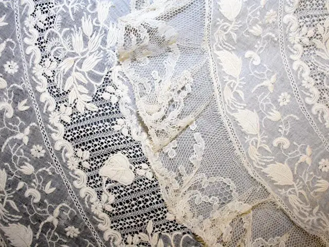 The image shows a close up of a white wedding dress with intricate lace detailing. The lace is...