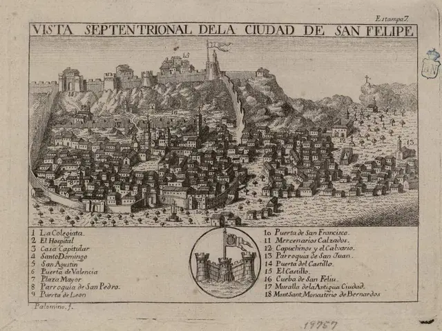 The image shows an old map of the city of San Felipe, Spain, with a number of buildings and a fort...