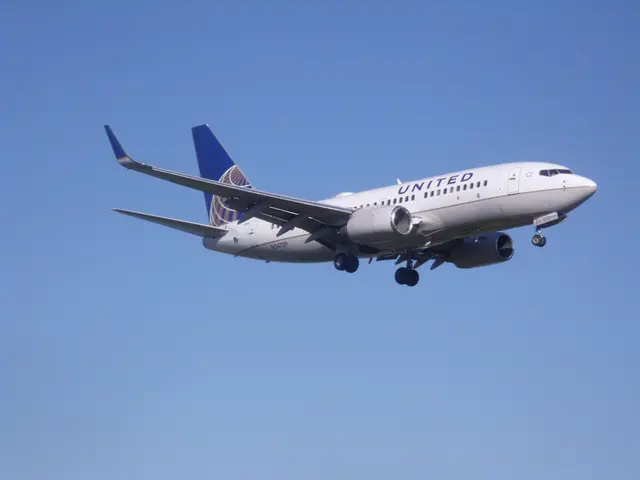 The image shows a United Airlines Boeing 737-800 in flight, with its white and blue livery standing...