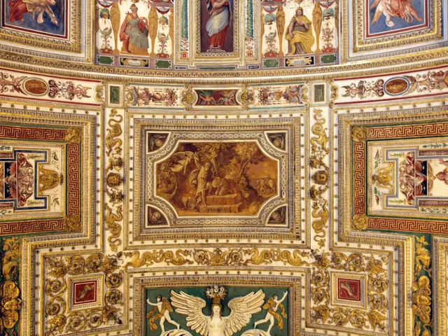 The image shows the ceiling of the Vatican Museum in Rome, Italy, with intricate designs and...