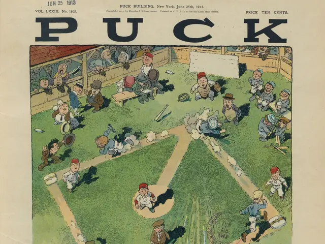 The image shows an old book with a cartoon of a baseball game on the cover. The cartoon depicts a...