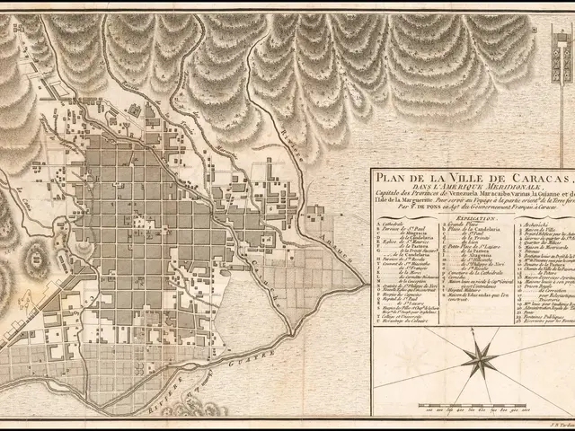 The image shows a map of the city of Caracas, Venezuela, with a black border around it. The map is...