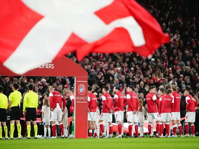 The image shows a group of people standing on top of a soccer field, with a red and white flag in...