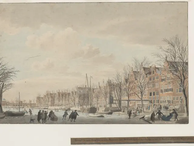 The image shows a painting of people skating on a frozen river in a city, surrounded by trees,...