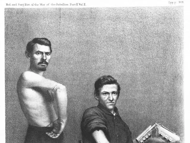 The image shows a black and white drawing of two men, one sitting on a chair and the other...