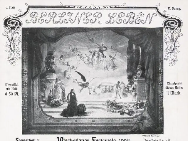 The image shows an old black and white photo of a stage with a group of people on it. The text on...