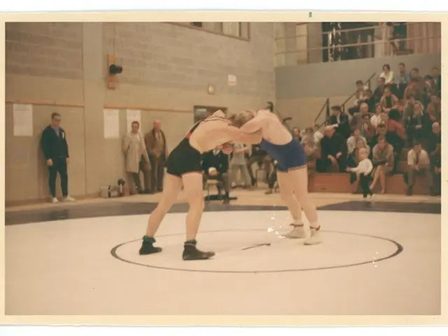 The image shows two wrestlers in the center of the frame, engaged in a wrestling match. Surrounding...