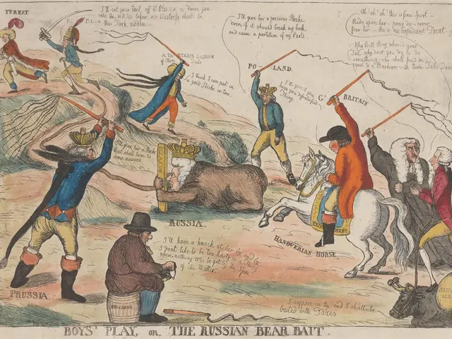The image shows a paper with a cartoon depicting a group of people playing a game of Russian bear...