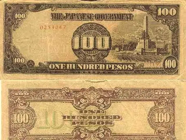 The image shows a Japanese 100 Pesos banknote with a picture of a building on it. The note has...