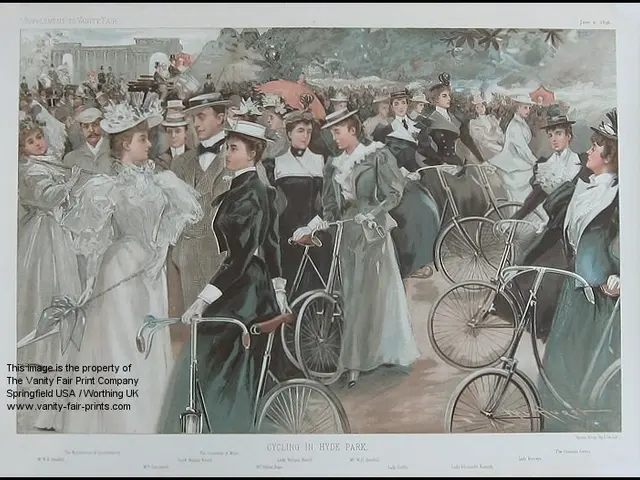 The image shows a group of people riding bicycles in Hyde Park, London, England. The people are...
