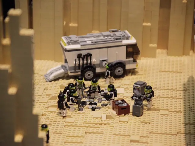 The image shows a Lego model of a Star Wars scene with a vehicle in the foreground and a wall in...